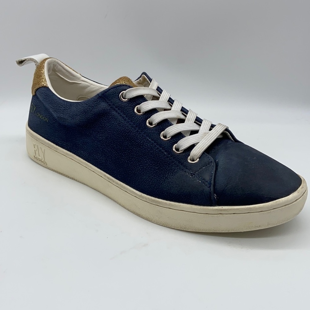 Fly London Maco Blue Suede & Gold Glitter Low Top Sneakers - fits like an 8.5-9